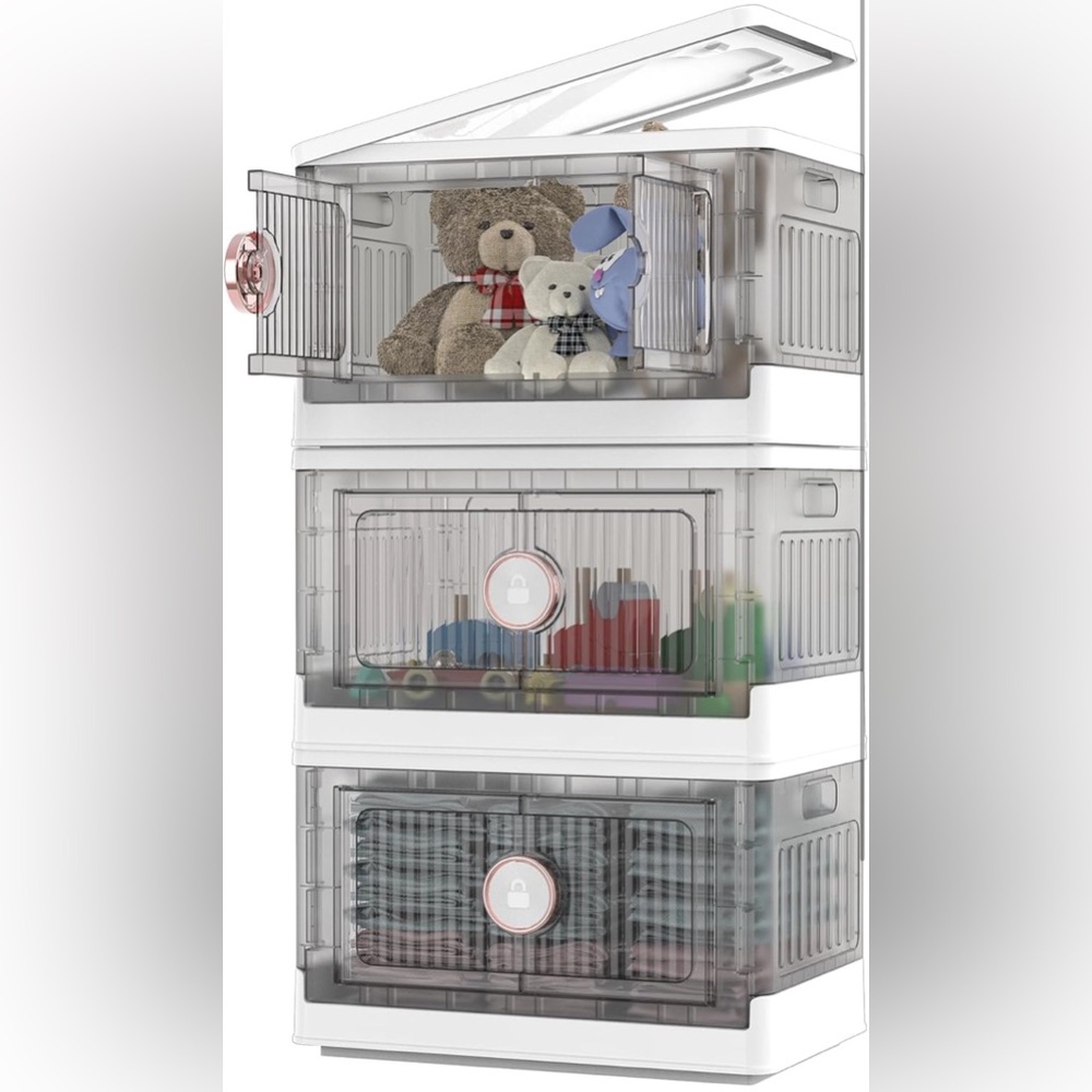 Clear Foldable Plastic Storage Container with Door, (White, 3 Pack)